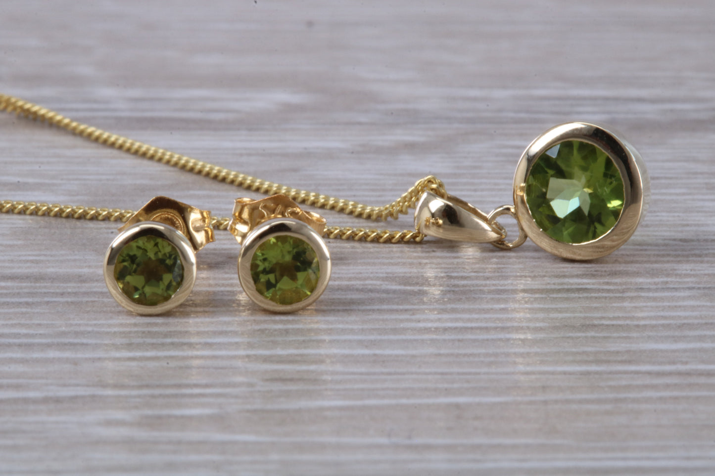Real Peridot Earrings and Necklace Set, Solid 9ct Yellow Gold