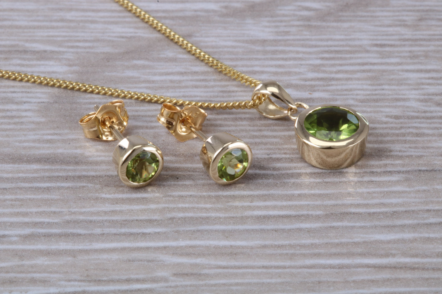Real Peridot Earrings and Necklace Set, Solid 9ct Yellow Gold