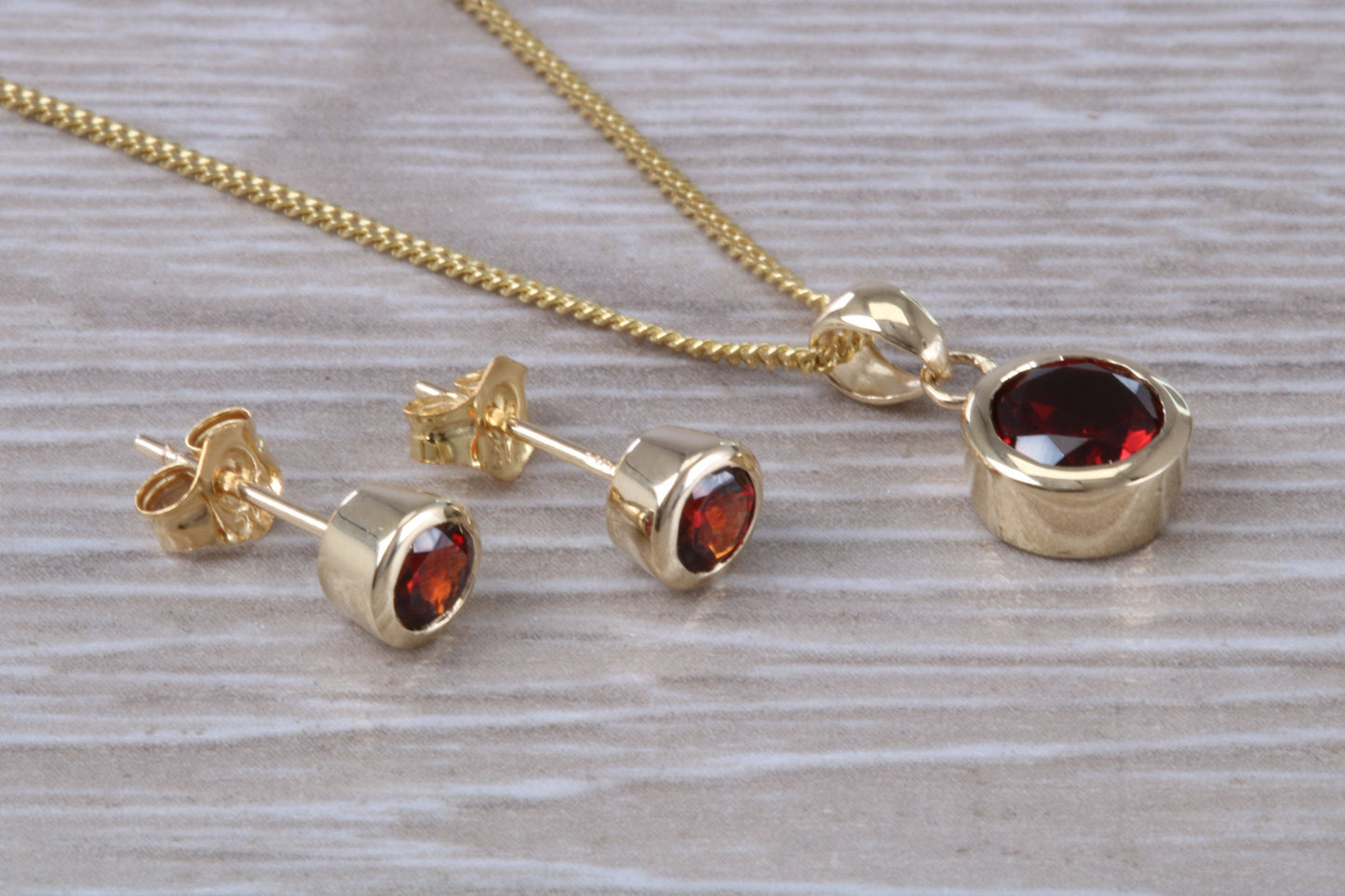 Real Garnet Earrings and Necklace Set, Solid 9ct Yellow Gold
