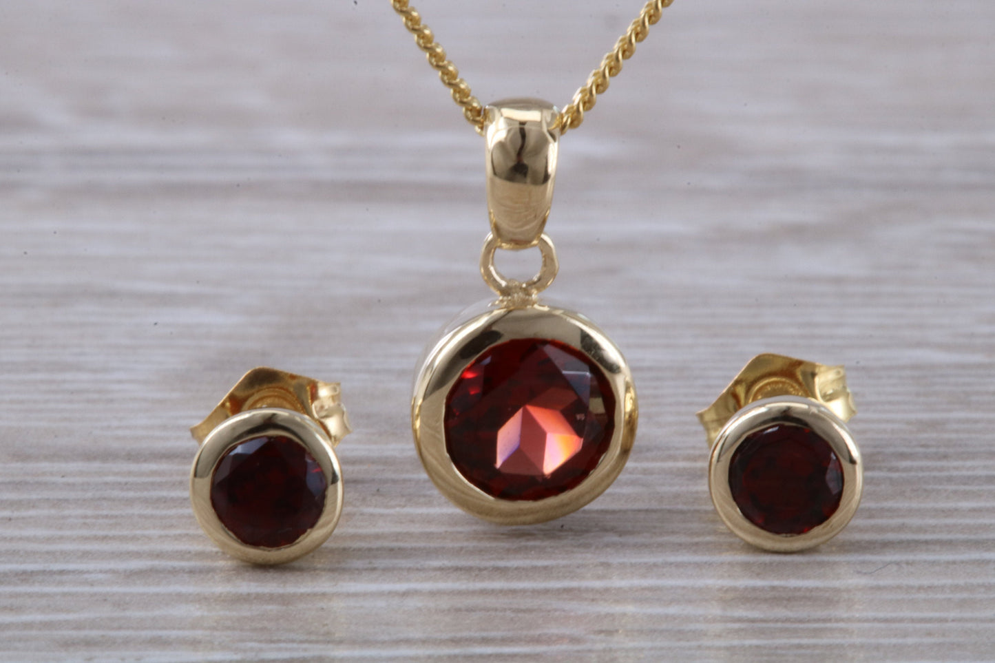 Real Garnet Earrings and Necklace Set, Solid 9ct Yellow Gold