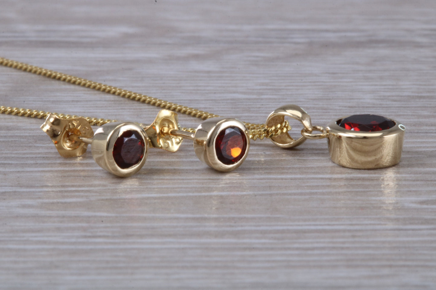 Real Garnet Earrings and Necklace Set, Solid 9ct Yellow Gold