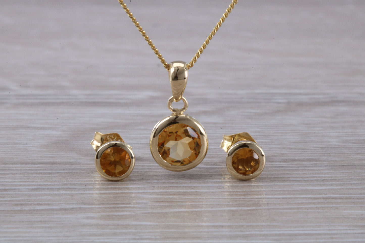 Real Citrine Earrings and Necklace Set, Solid 9ct Yellow Gold