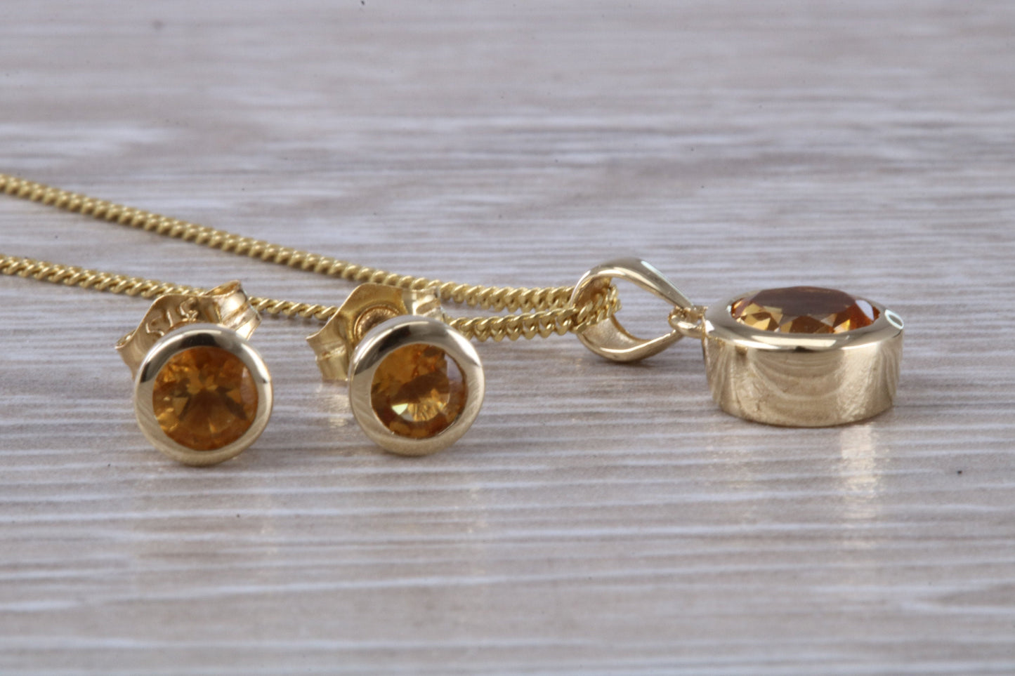 Real Citrine Earrings and Necklace Set, Solid 9ct Yellow Gold