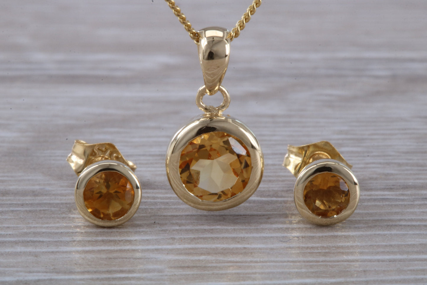 Real Citrine Earrings and Necklace Set, Solid 9ct Yellow Gold