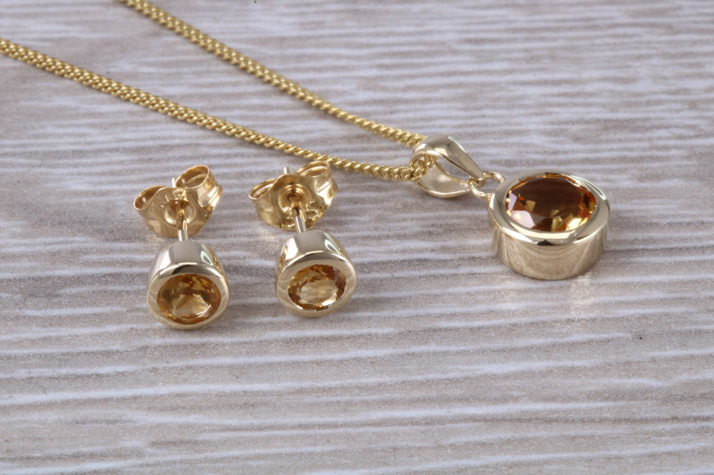 Real Citrine Earrings and Necklace Set, Solid 9ct Yellow Gold