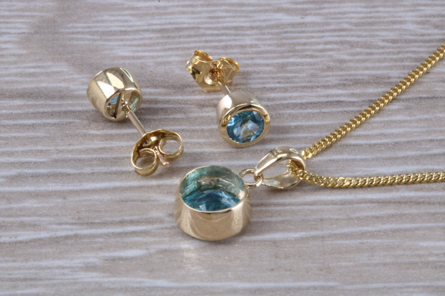Real Topaz Earrings and Necklace Set, Solid 9ct Yellow Gold