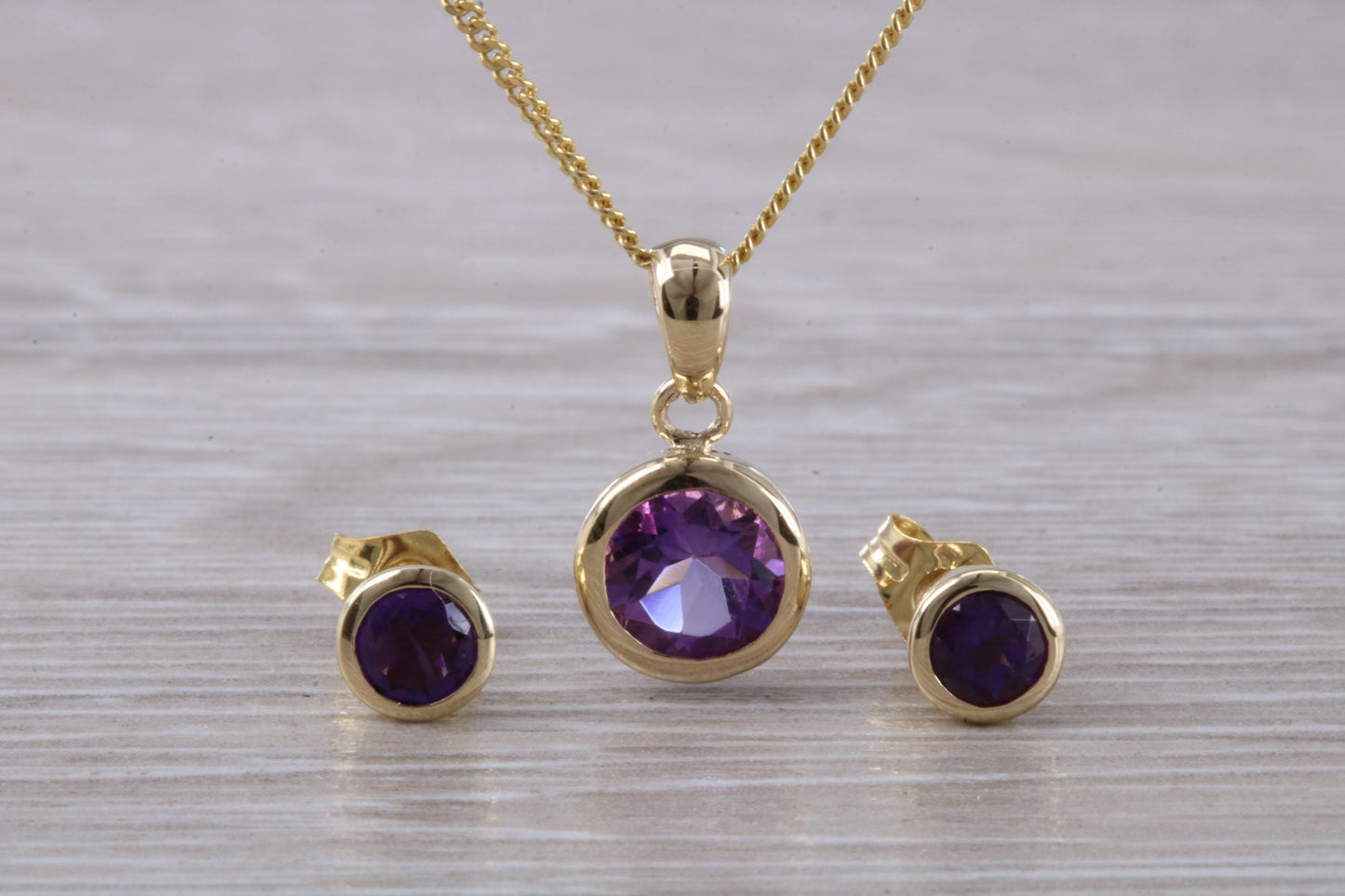 Real Amethyst Earrings and Necklace Set, Solid 9ct Yellow Gold