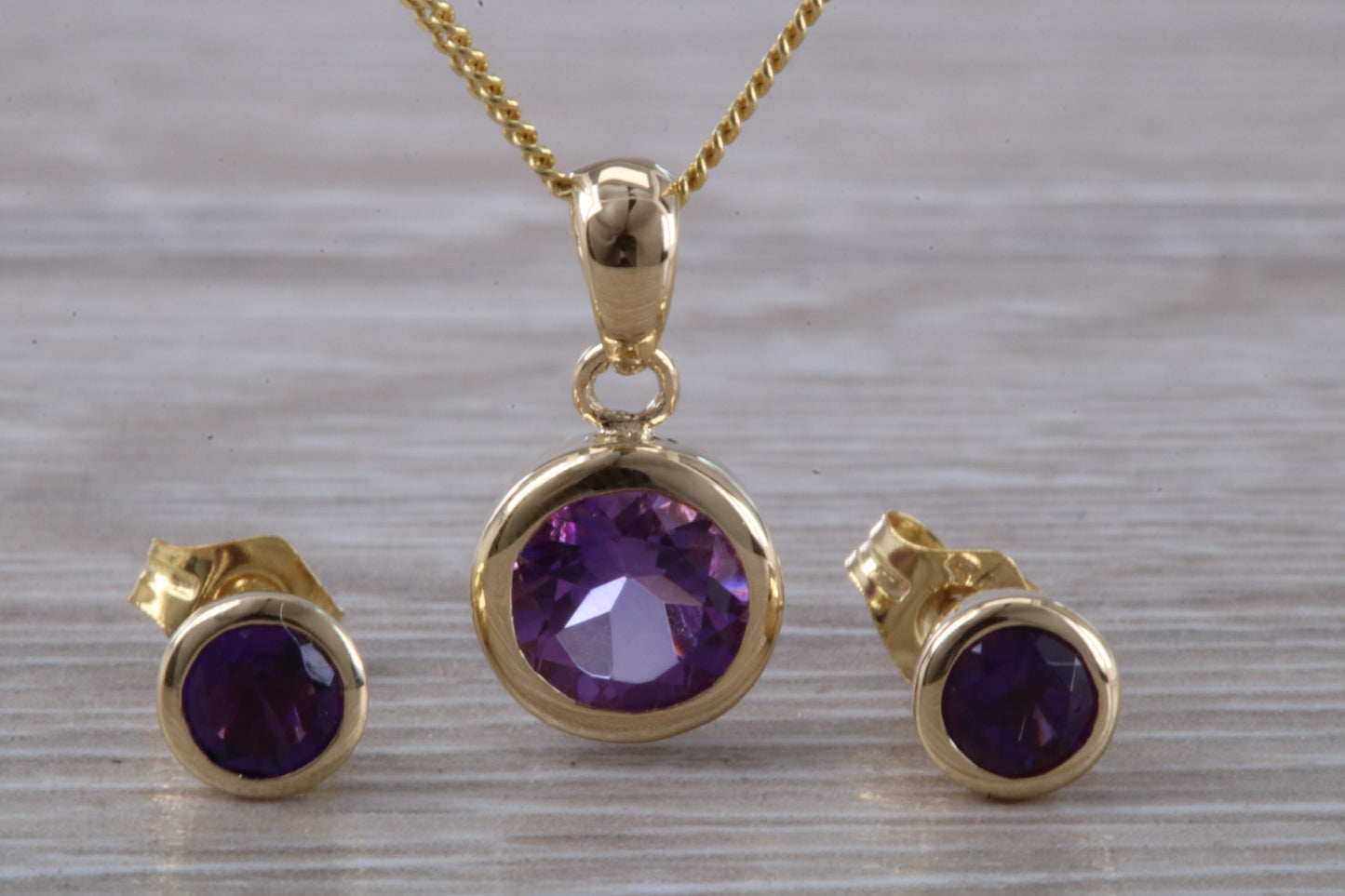 Real Amethyst Earrings and Necklace Set, Solid 9ct Yellow Gold