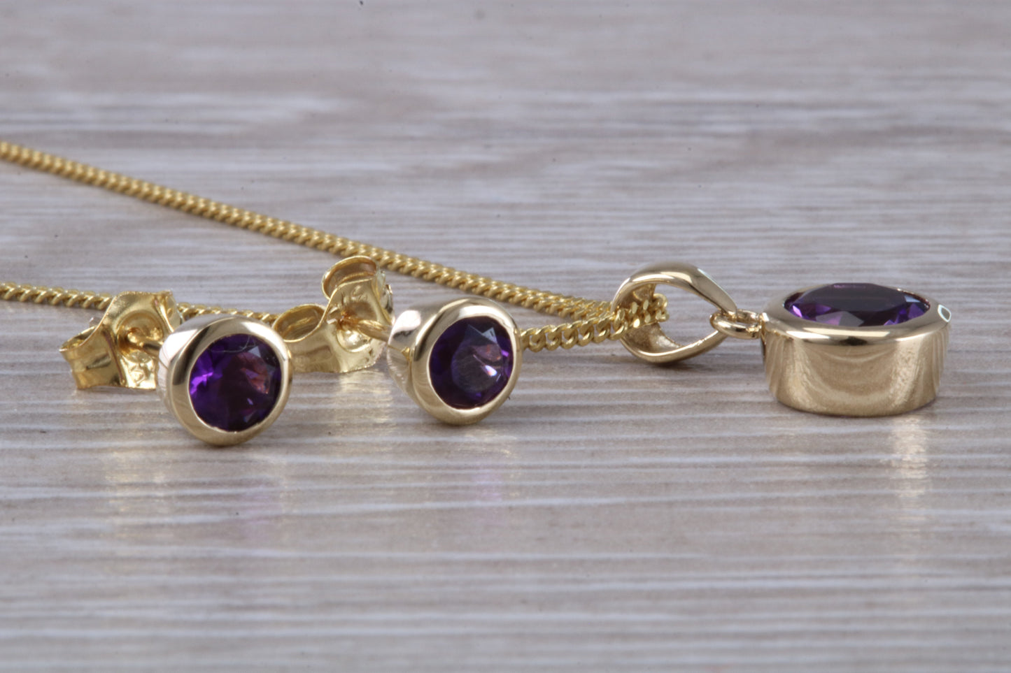 Real Amethyst Earrings and Necklace Set, Solid 9ct Yellow Gold