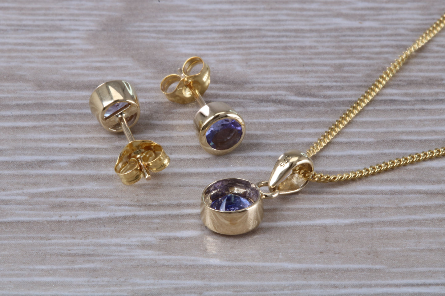 Real Tanzanite Earrings and Necklace Set, Solid 9ct Yellow Gold