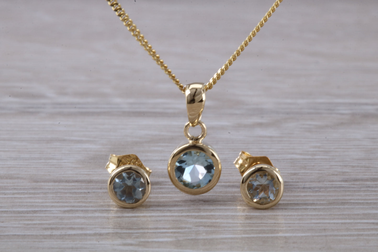 Real Aquamarine Earrings and Necklace Set, Solid 9ct Yellow Gold