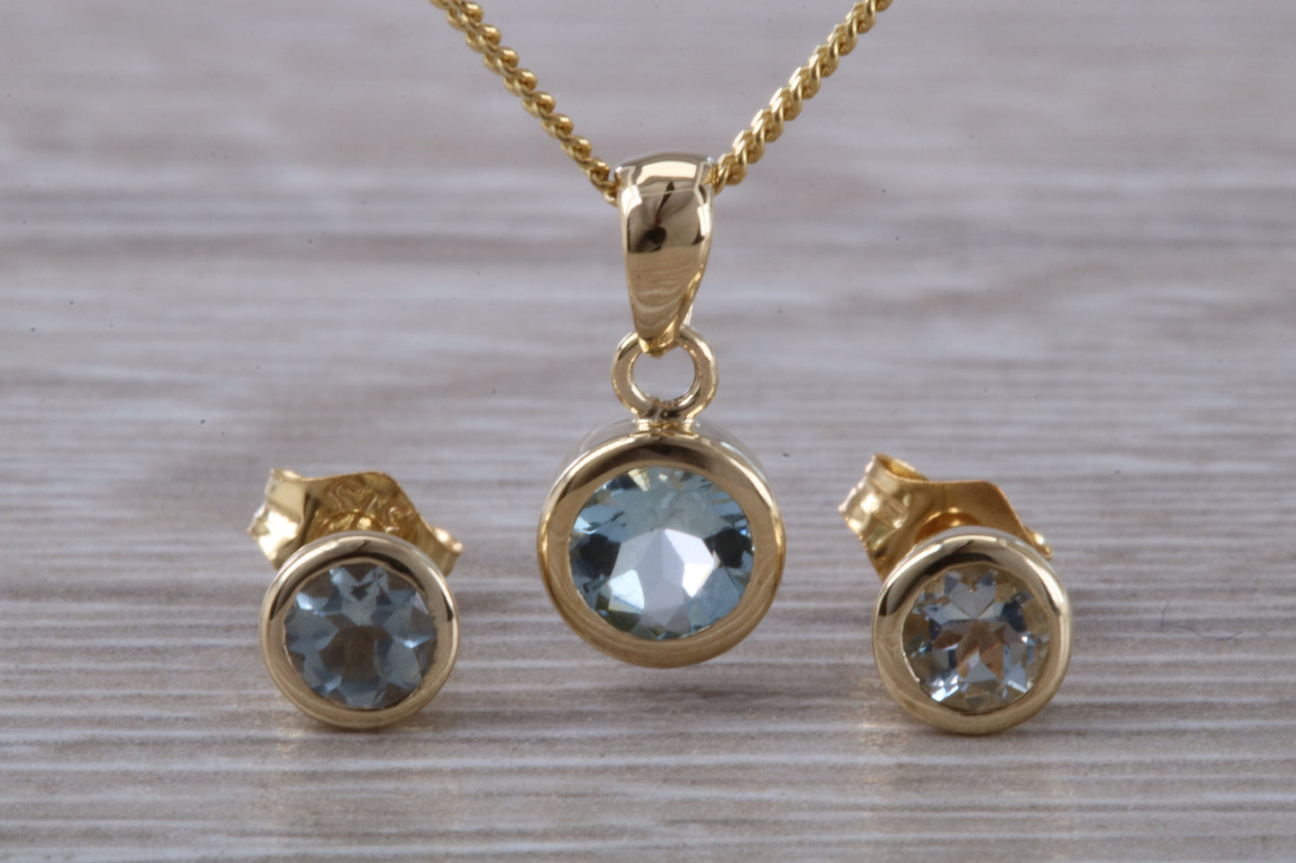 Real Aquamarine Earrings and Necklace Set, Solid 9ct Yellow Gold