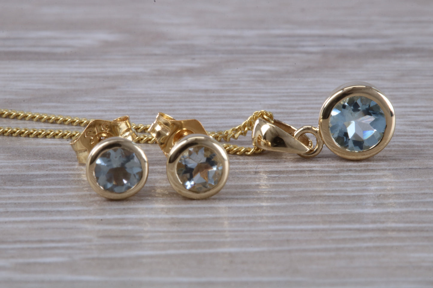 Real Aquamarine Earrings and Necklace Set, Solid 9ct Yellow Gold