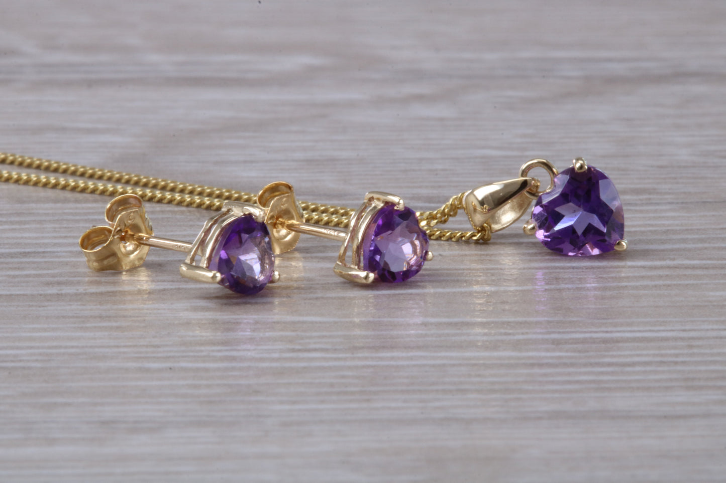 Love Heart Real Amethyst Earrings and Necklace Set, Solid 9ct Yellow Gold