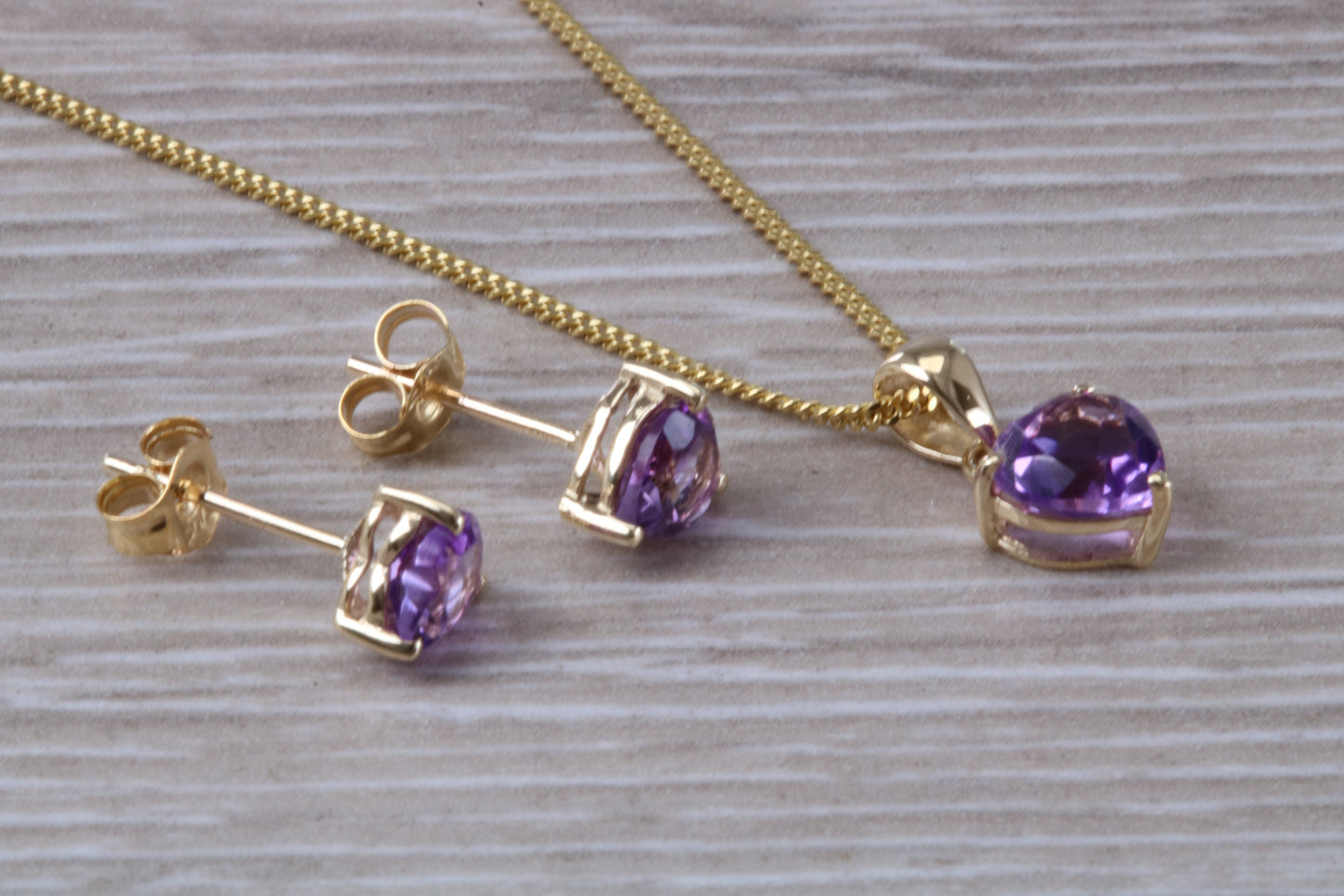 Love Heart Real Amethyst Earrings and Necklace Set, Solid 9ct Yellow Gold