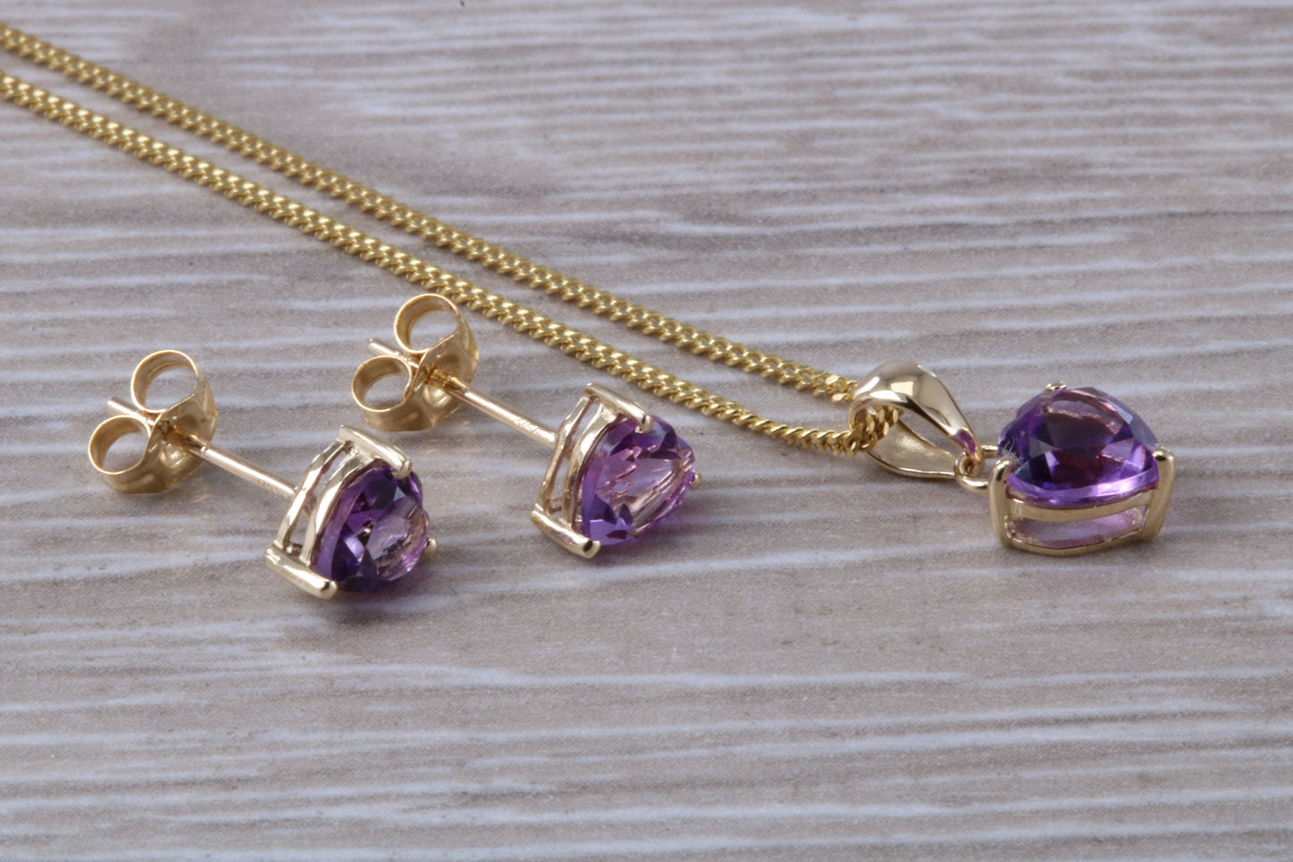 Love Heart Real Amethyst Earrings and Necklace Set, Solid 9ct Yellow Gold