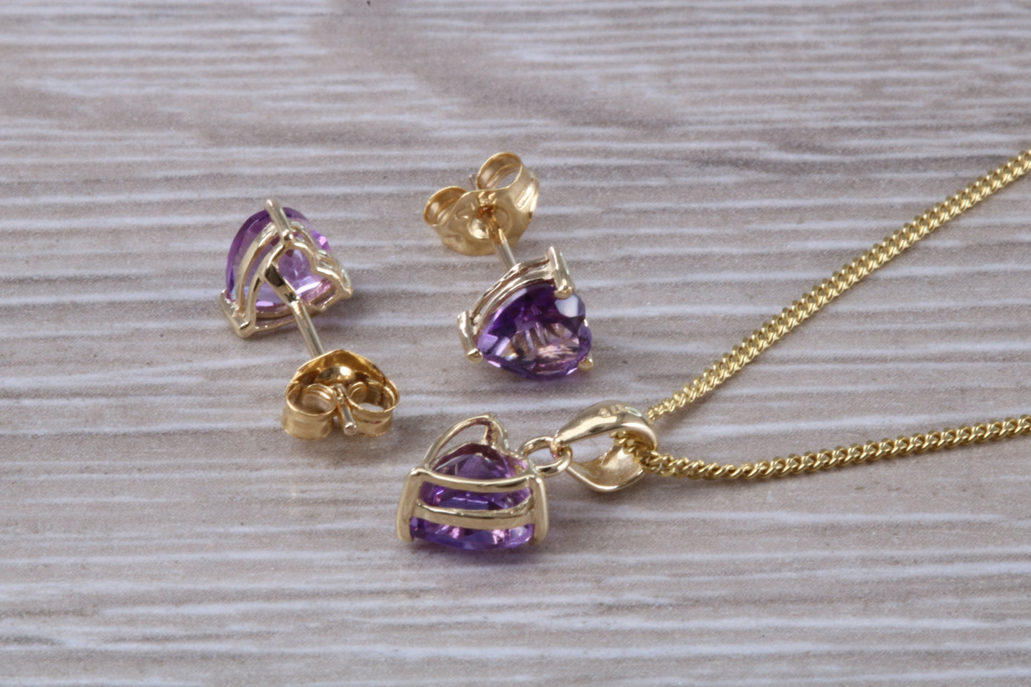 Love Heart Real Amethyst Earrings and Necklace Set, Solid 9ct Yellow Gold
