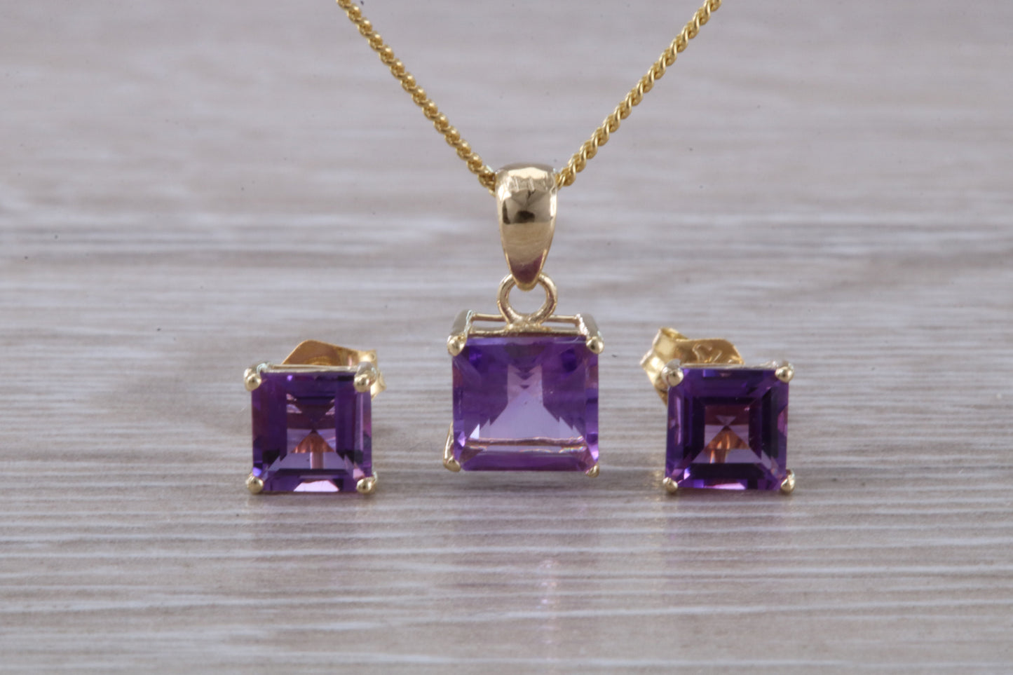 Real Amethyst Earrings and Necklace Set, Solid 9ct Yellow Gold