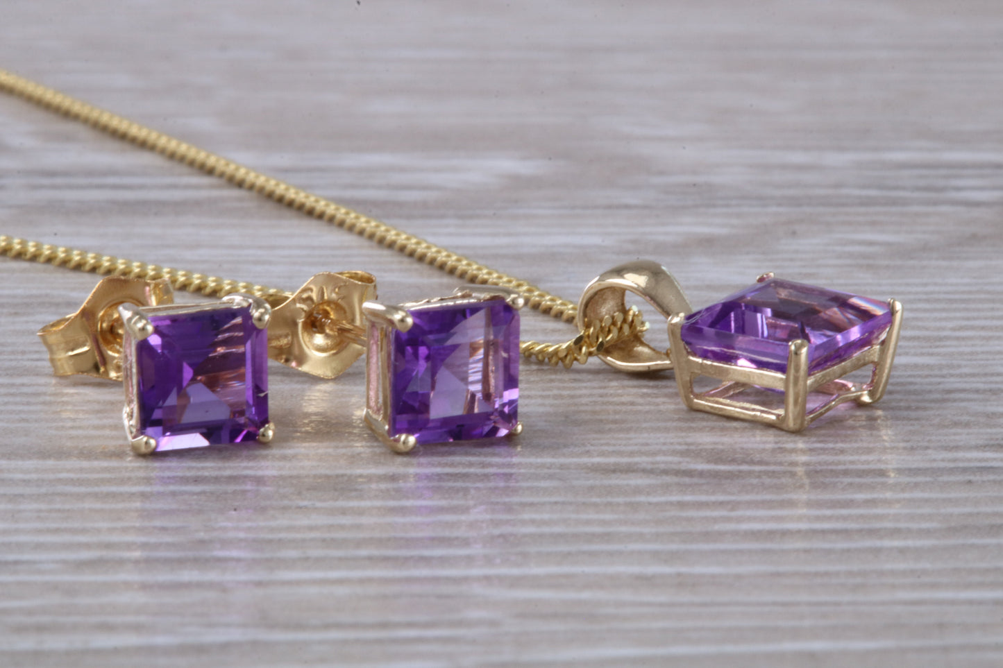 Real Amethyst Earrings and Necklace Set, Solid 9ct Yellow Gold