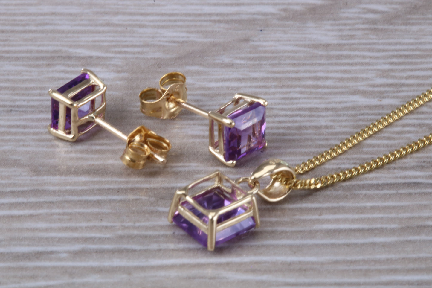 Real Amethyst Earrings and Necklace Set, Solid 9ct Yellow Gold