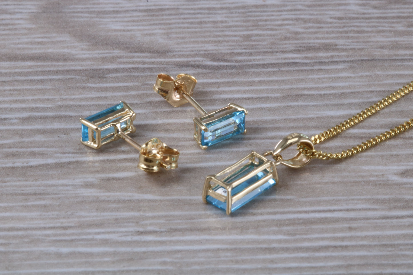 Real Topaz Earrings and Necklace Set, Solid 9ct Yellow Gold