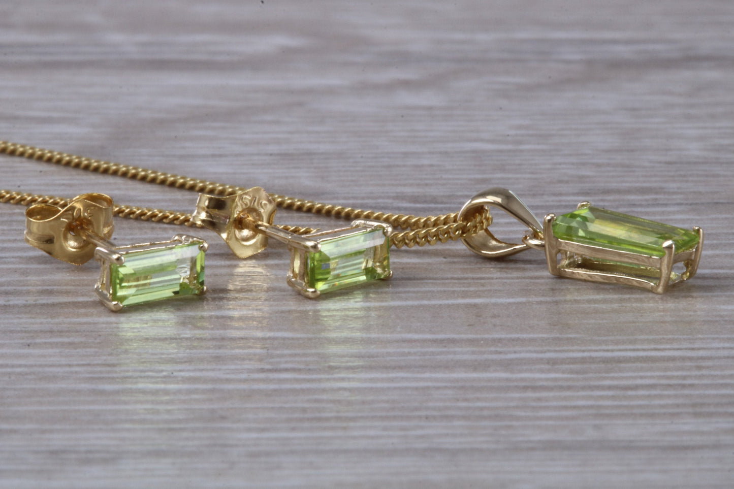 Real Peridot Earrings and Necklace Set, Solid 9ct Yellow Gold