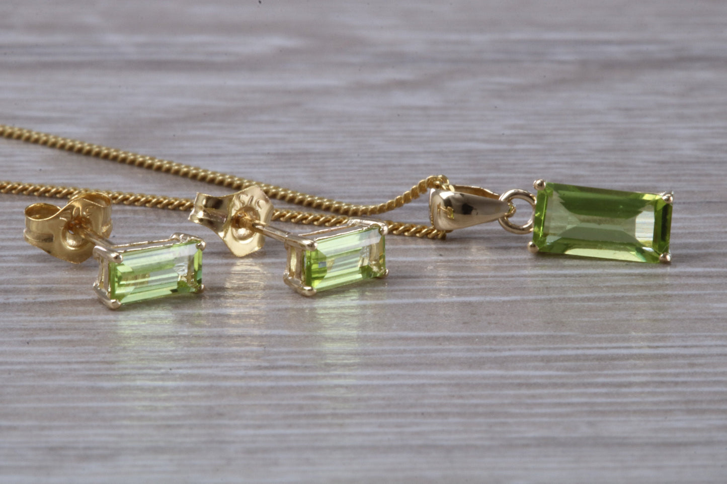 Real Peridot Earrings and Necklace Set, Solid 9ct Yellow Gold