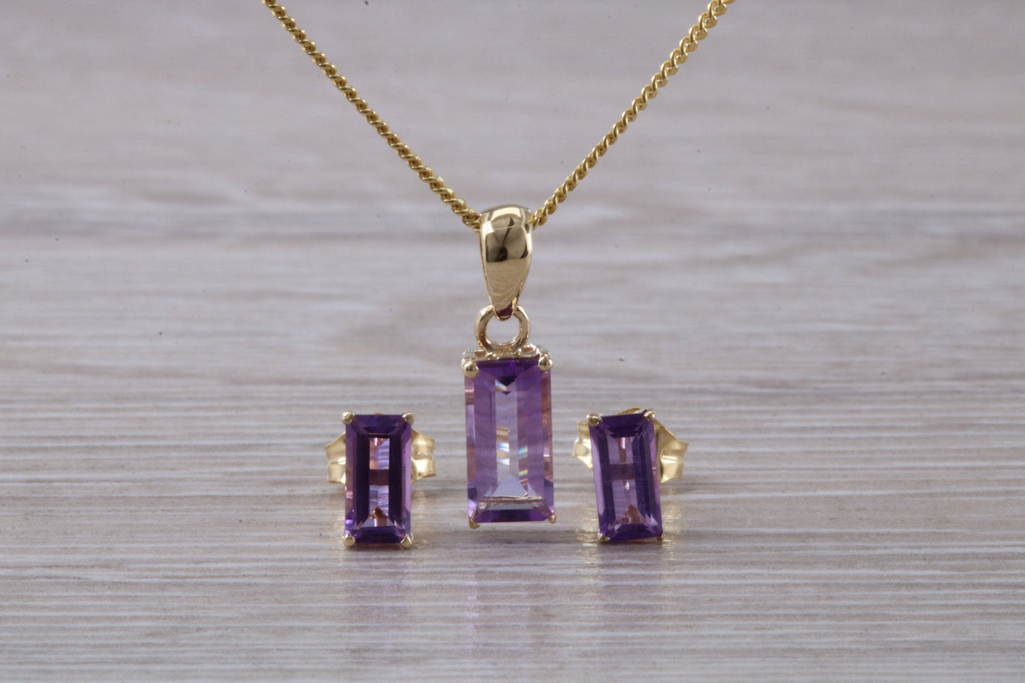 Real Amethyst Earrings and Necklace Set, Solid 9ct Yellow Gold