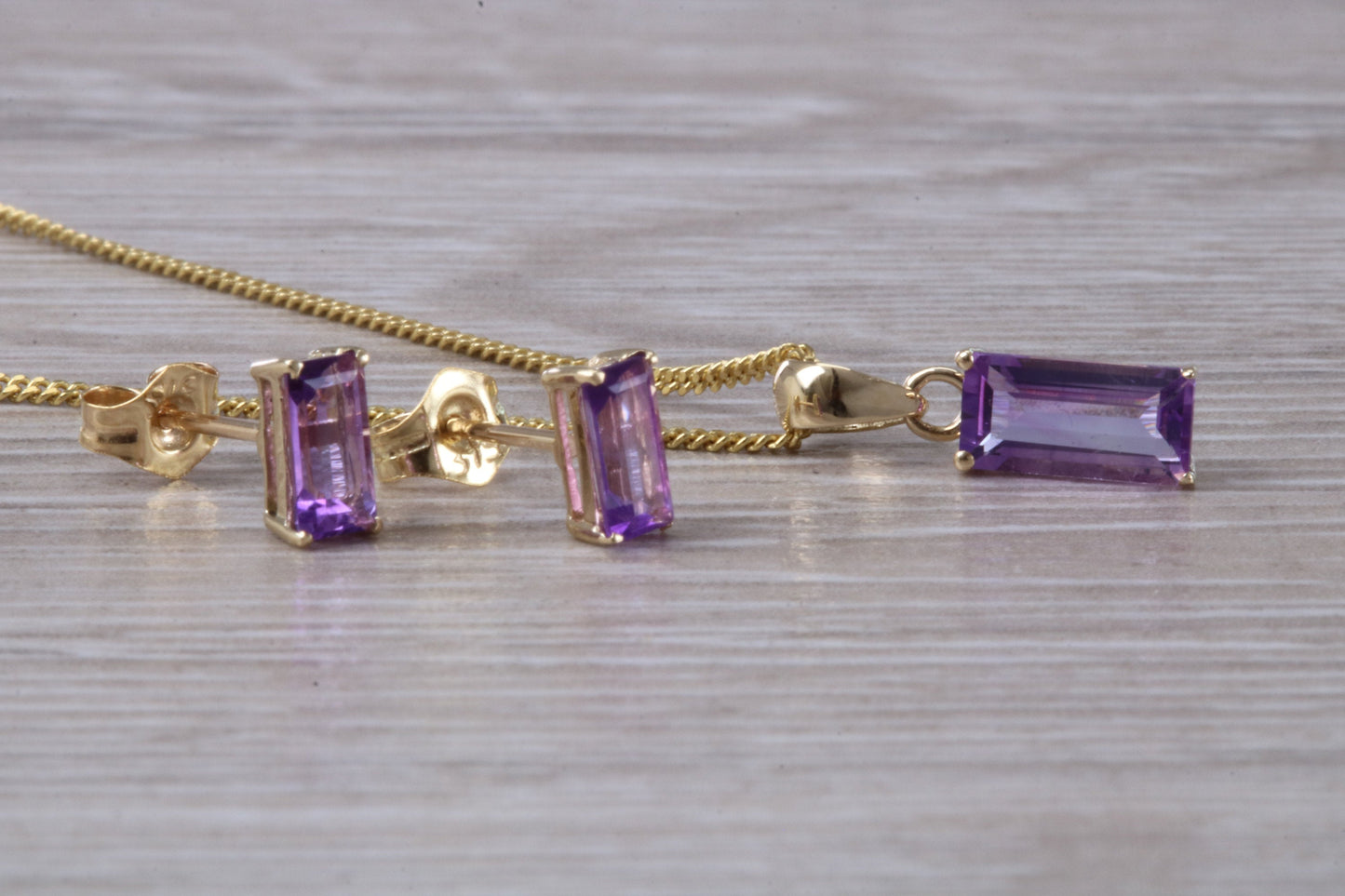 Real Amethyst Earrings and Necklace Set, Solid 9ct Yellow Gold