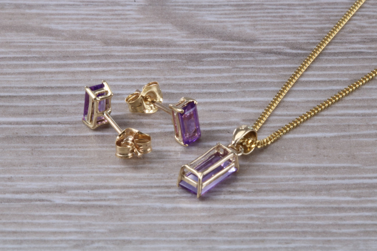 Real Amethyst Earrings and Necklace Set, Solid 9ct Yellow Gold