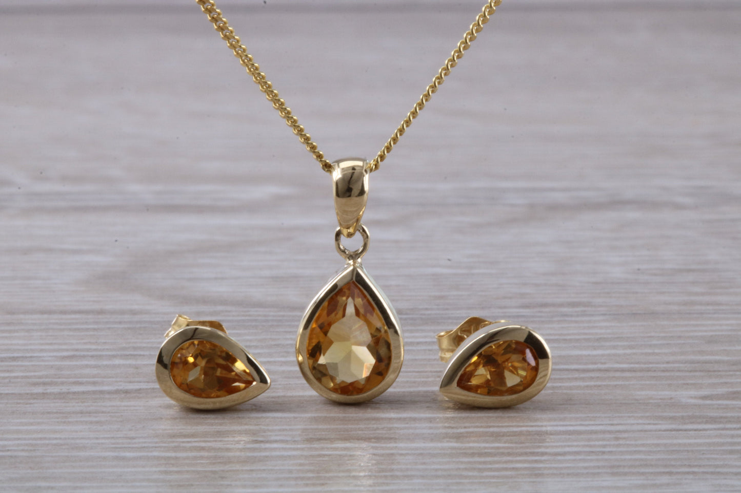 Real Citrine Earrings and Necklace Set, Solid 9ct Yellow Gold