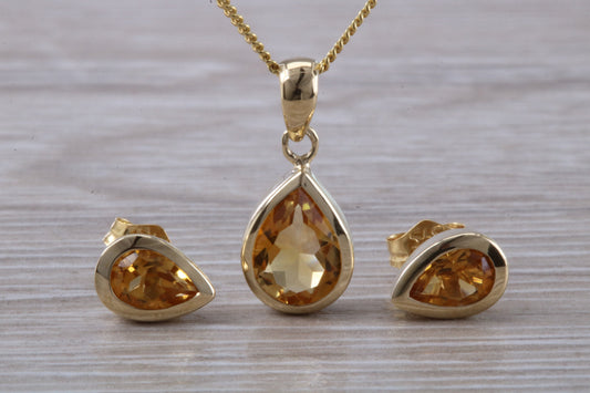 Real Citrine Earrings and Necklace Set, Solid 9ct Yellow Gold