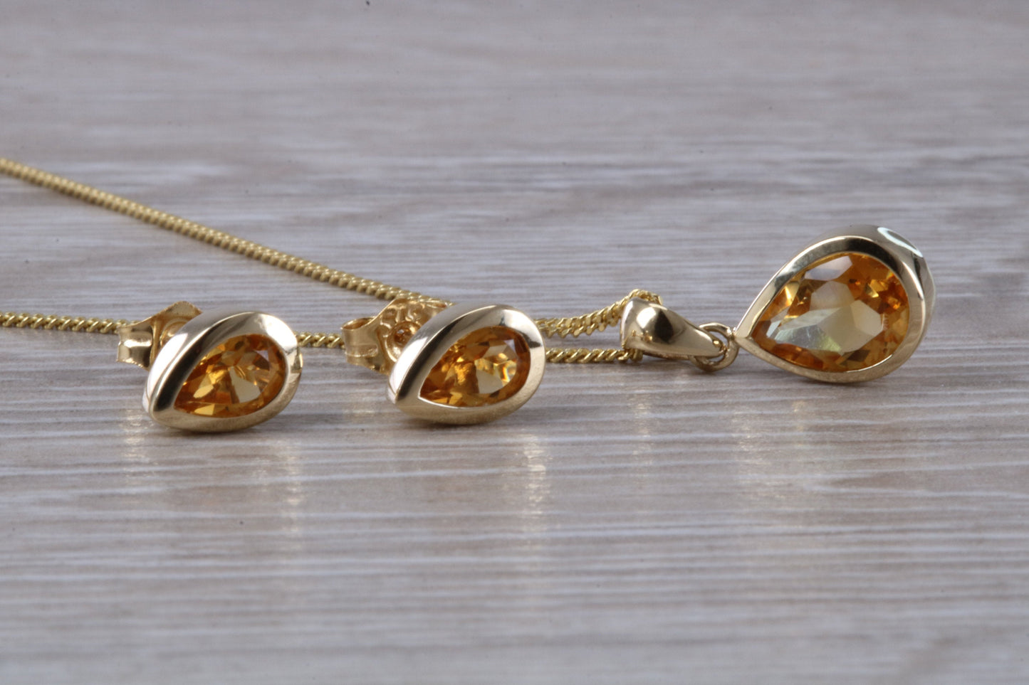Real Citrine Earrings and Necklace Set, Solid 9ct Yellow Gold