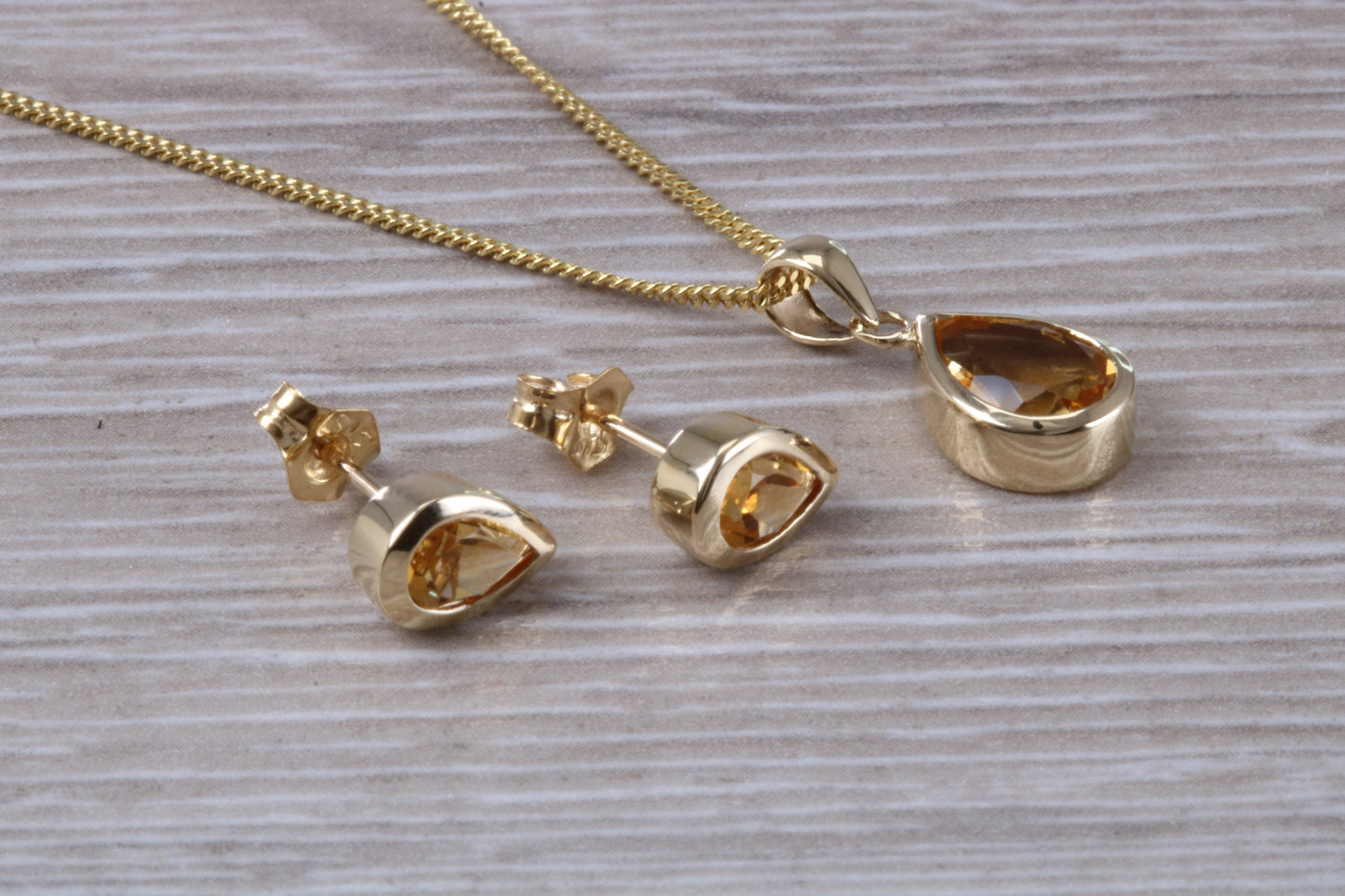 Real Citrine Earrings and Necklace Set, Solid 9ct Yellow Gold