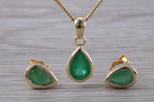 Real Emerald Earrings and Necklace set, Solid 9ct Yellow Gold