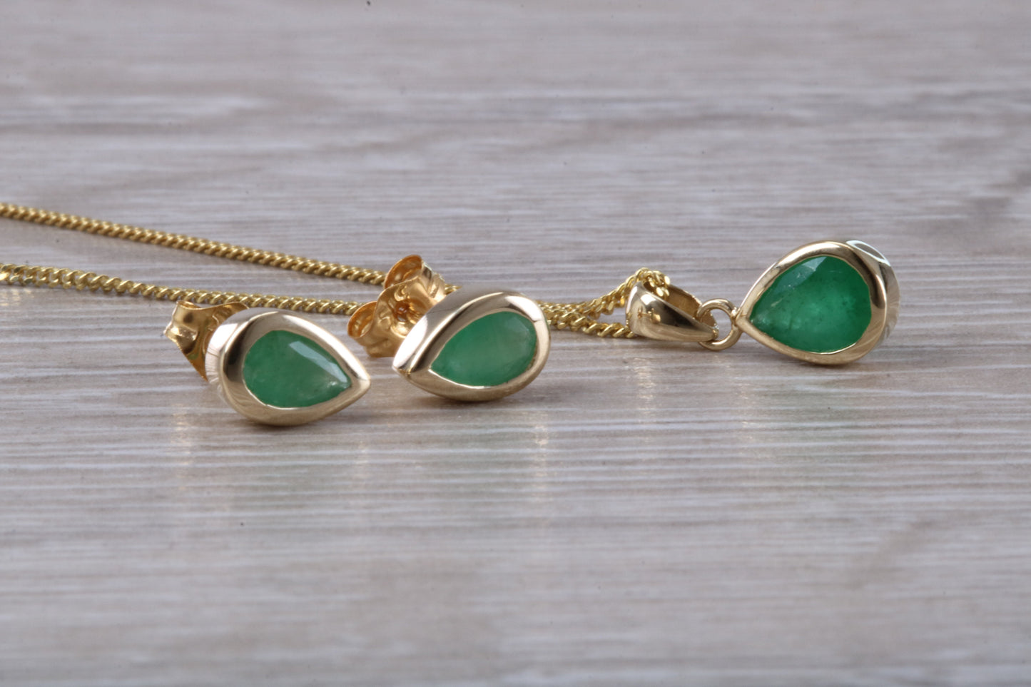Real Emerald Earrings and Necklace set, Solid 9ct Yellow Gold