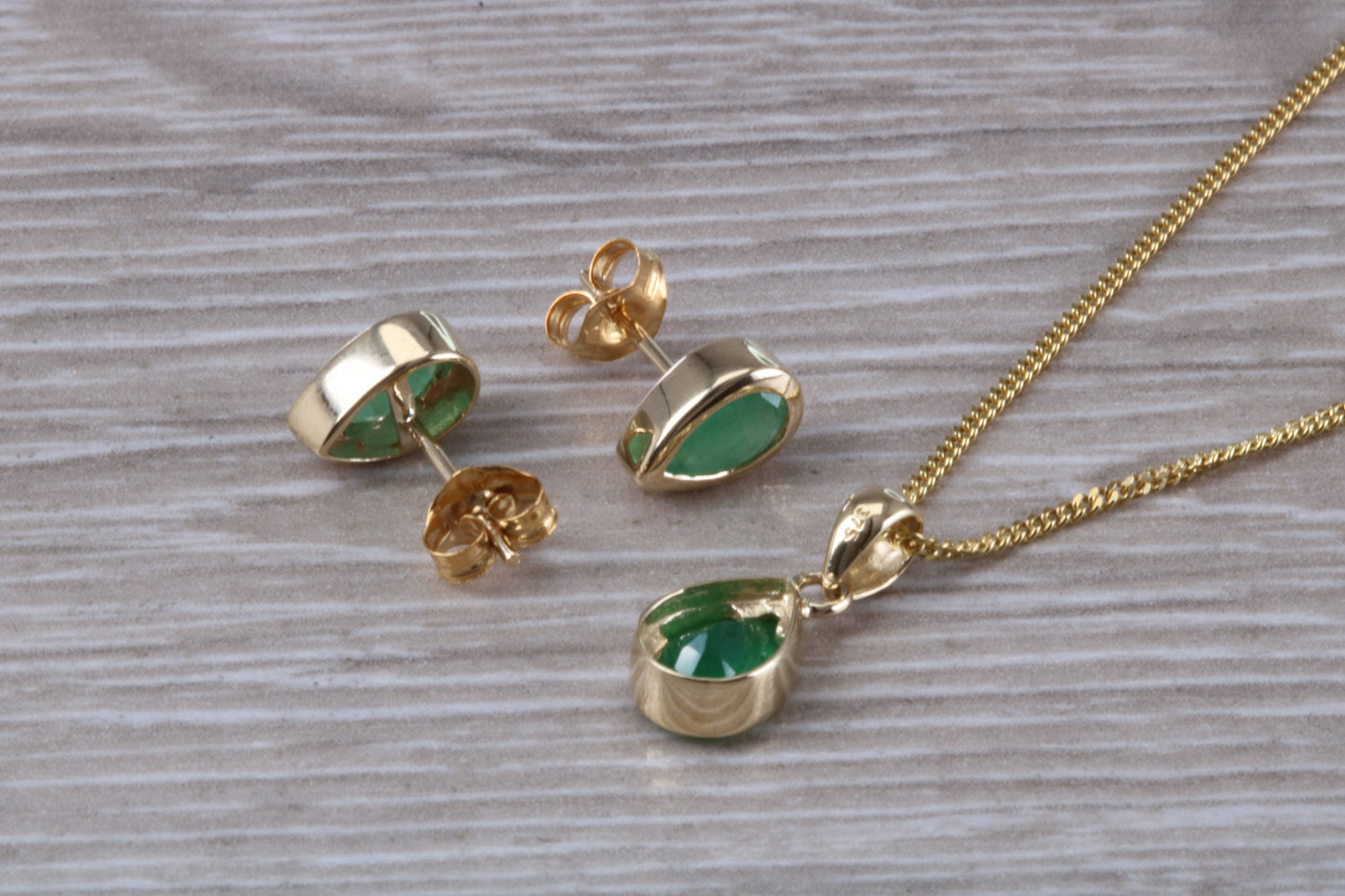 Real Emerald Earrings and Necklace set, Solid 9ct Yellow Gold