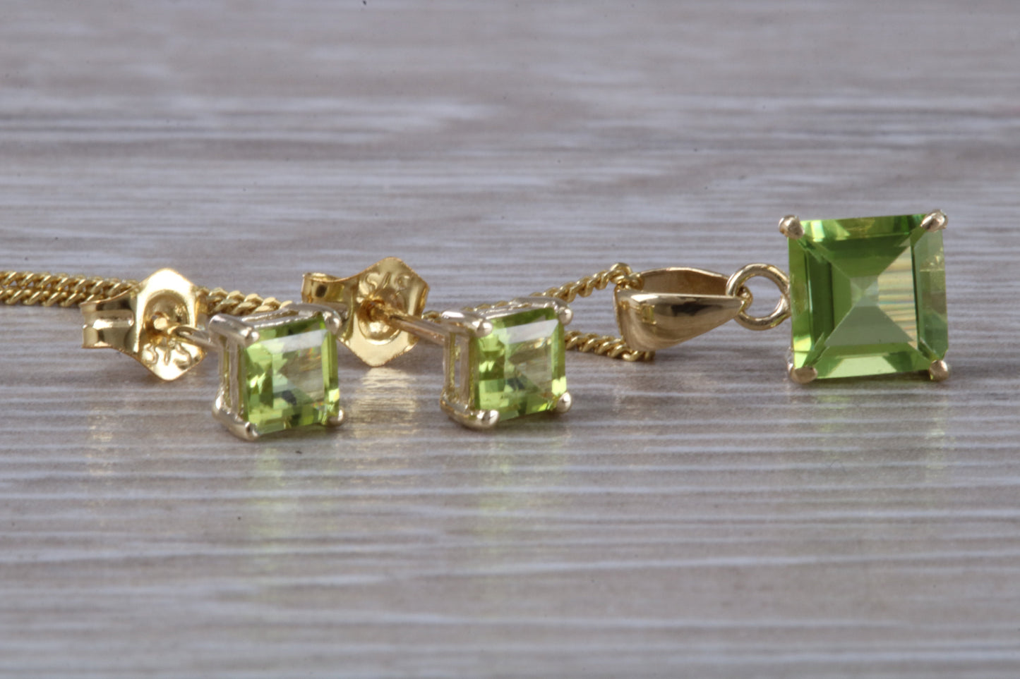 Real Peridot Earrings and Necklace Set, Solid 9ct Yellow Gold