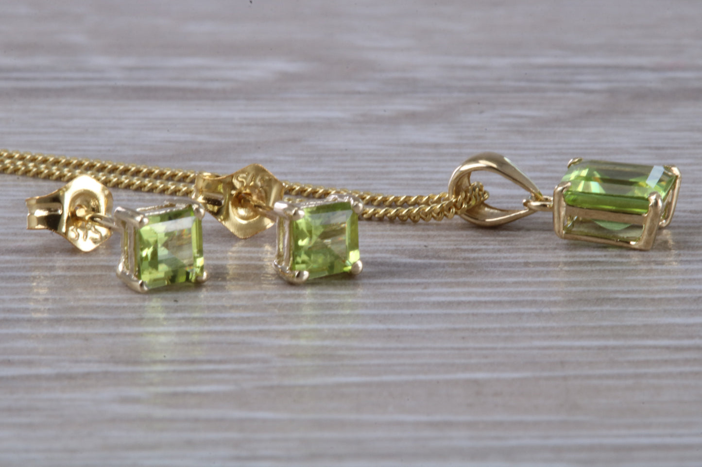 Real Peridot Earrings and Necklace Set, Solid 9ct Yellow Gold