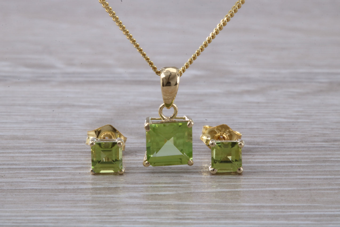 Real Peridot Earrings and Necklace Set, Solid 9ct Yellow Gold