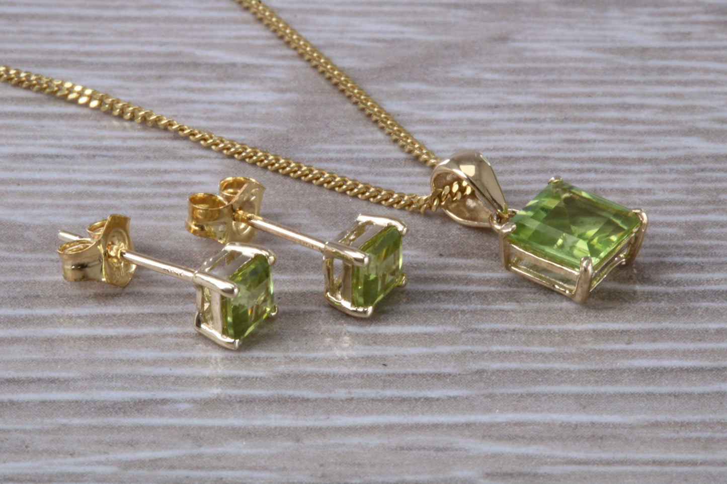 Real Peridot Earrings and Necklace Set, Solid 9ct Yellow Gold