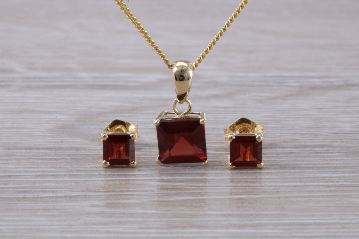 Real Garnet Earrings and Necklace Set, Solid 9ct Yellow Gold