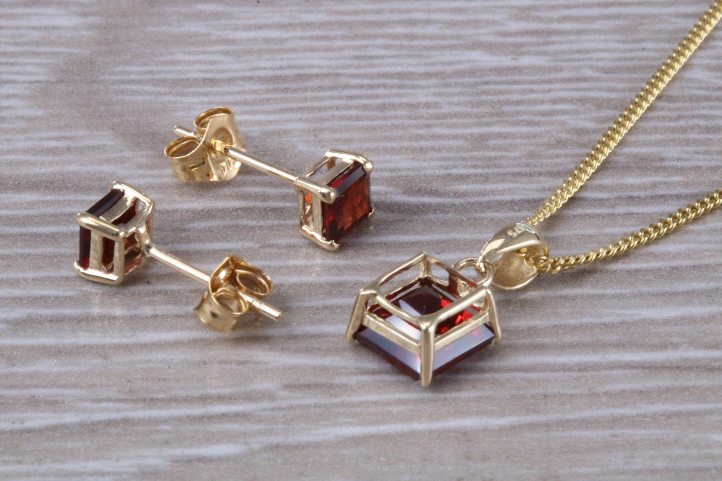 Real Garnet Earrings and Necklace Set, Solid 9ct Yellow Gold