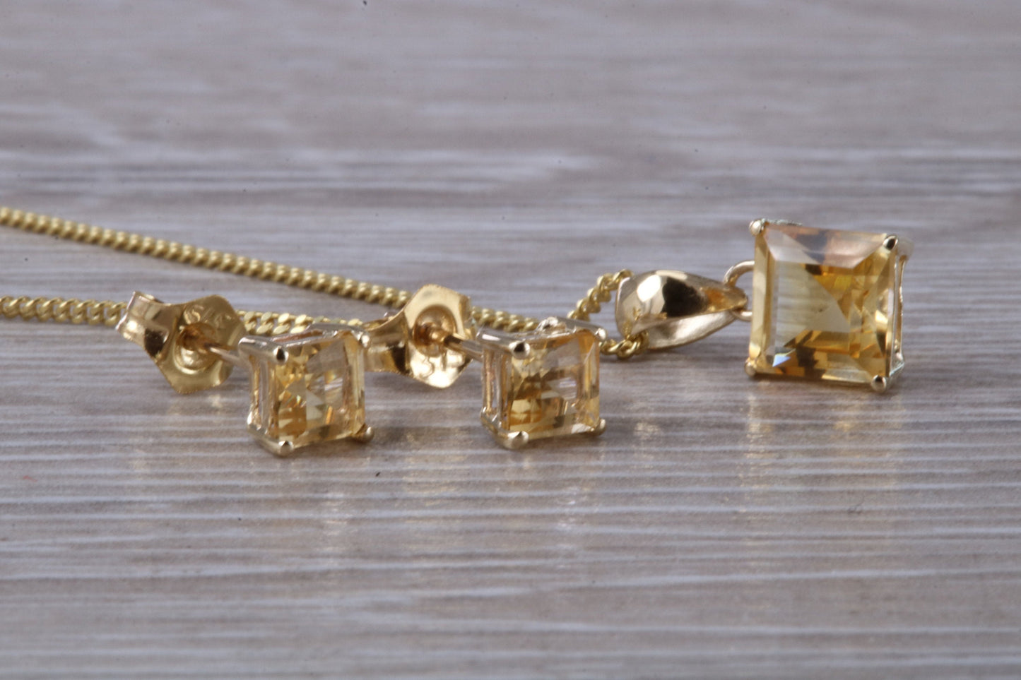 Real Citrine Earrings and Necklace Set, Solid 9ct Yellow Gold