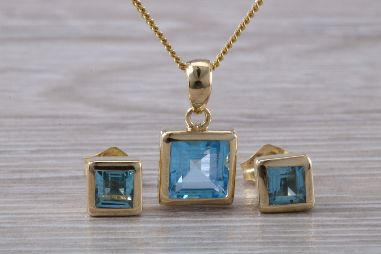 Real Topaz Earrings and Necklace Set, Solid 9ct Yellow Gold