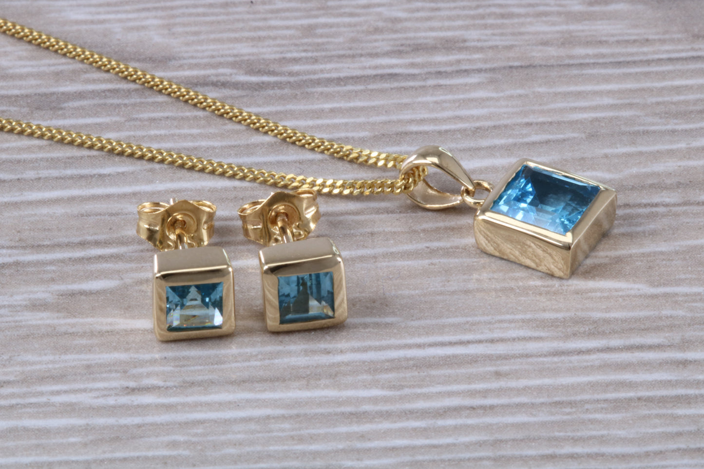 Real Topaz Earrings and Necklace Set, Solid 9ct Yellow Gold