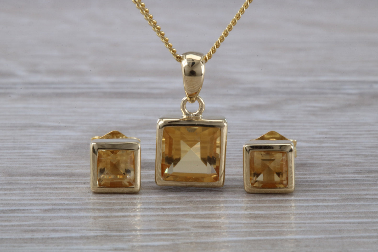Real Citrine Earrings and Necklace Set, Solid 9ct Yellow Gold