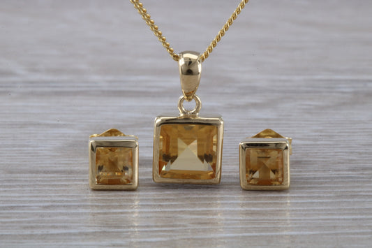 Real Citrine Earrings and Necklace Set, Solid 9ct Yellow Gold