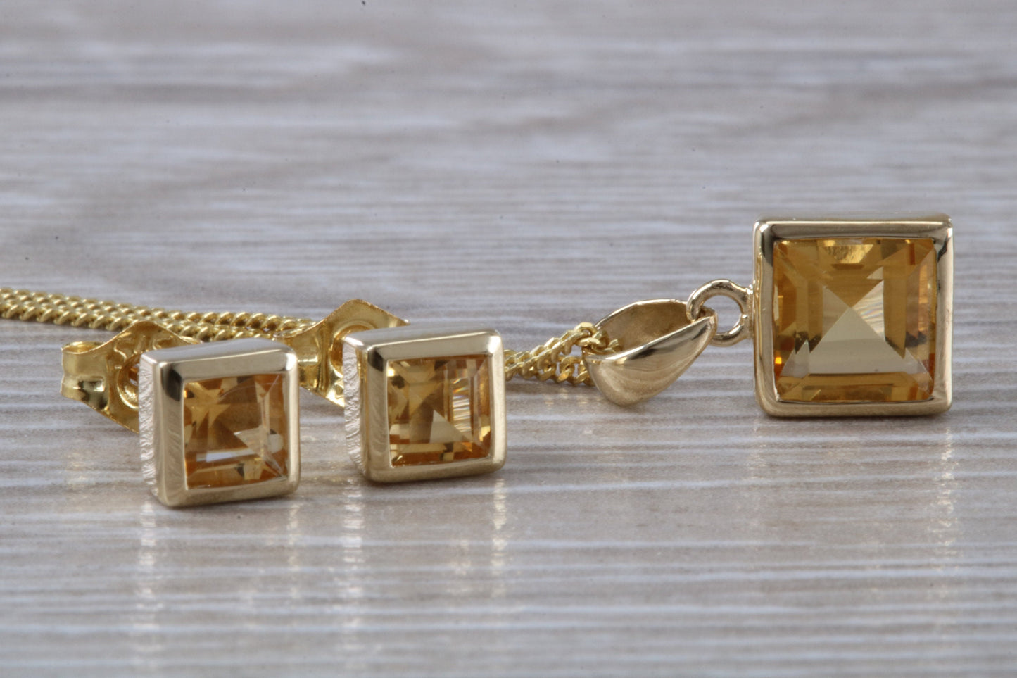 Real Citrine Earrings and Necklace Set, Solid 9ct Yellow Gold