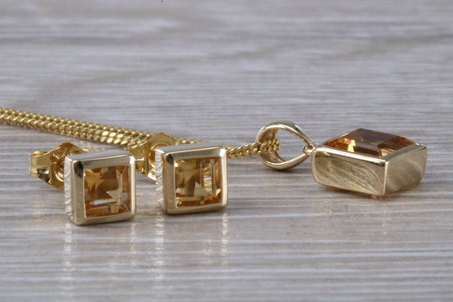 Real Citrine Earrings and Necklace Set, Solid 9ct Yellow Gold
